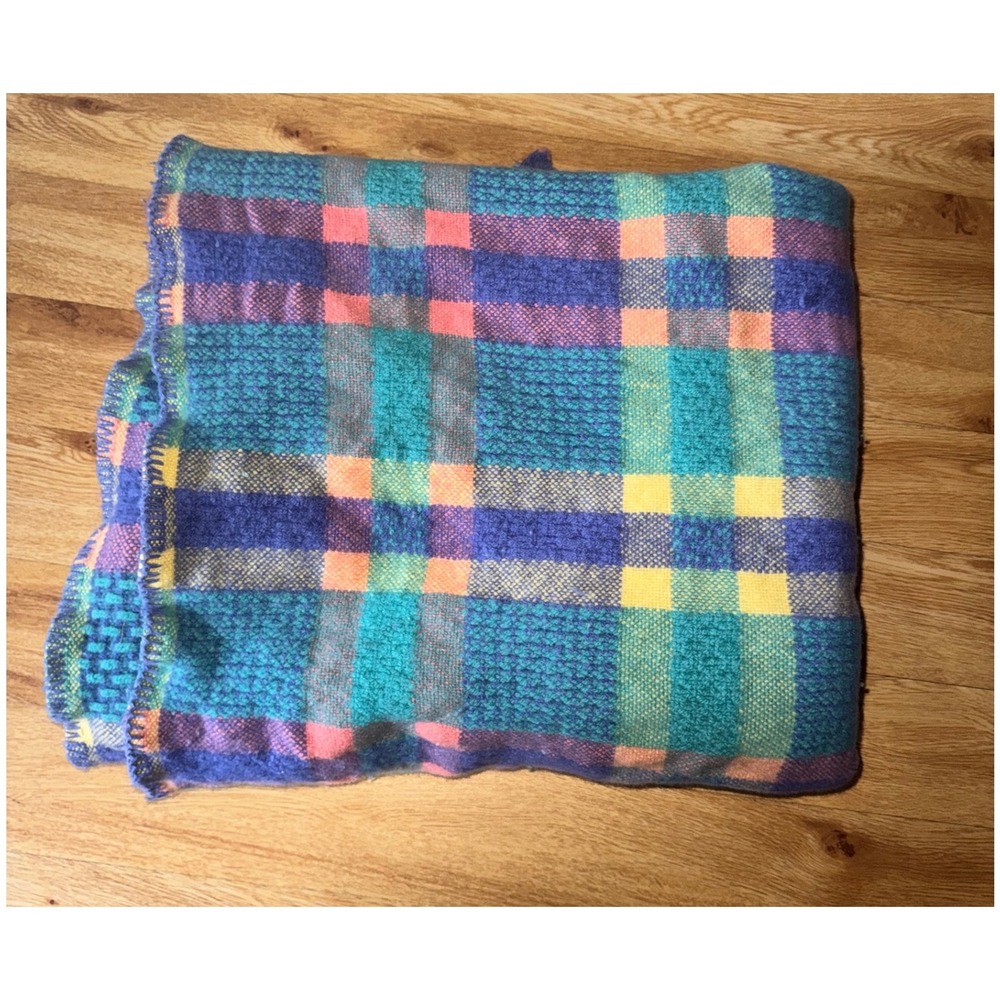 Vintage L.L. Bean Plaid Wool Blanket Multi Color Teal Purple Yellow 56x64